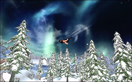 Thunder Raven flies over snow-covered evergreens in the Arctic Circle.