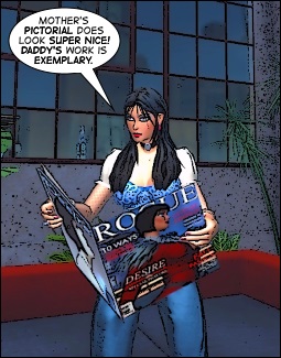 Miranda checking out her mother's pictorial in Rogue magazine.