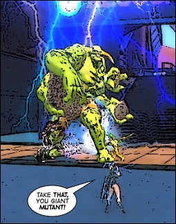 Thunder Raven fighting a giant green mutant.