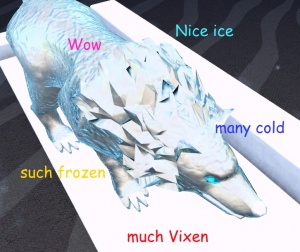 Cryokinetic Arctic White Wolf affectionately named Doge psionically expressing his own thought processes